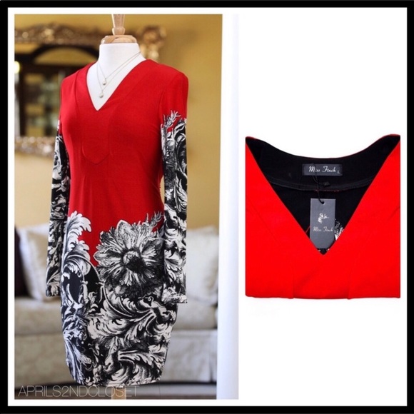 V-NECK LONG SLEEVES RED BLACK WHITE DRESS A3C - Picture 4 of 7